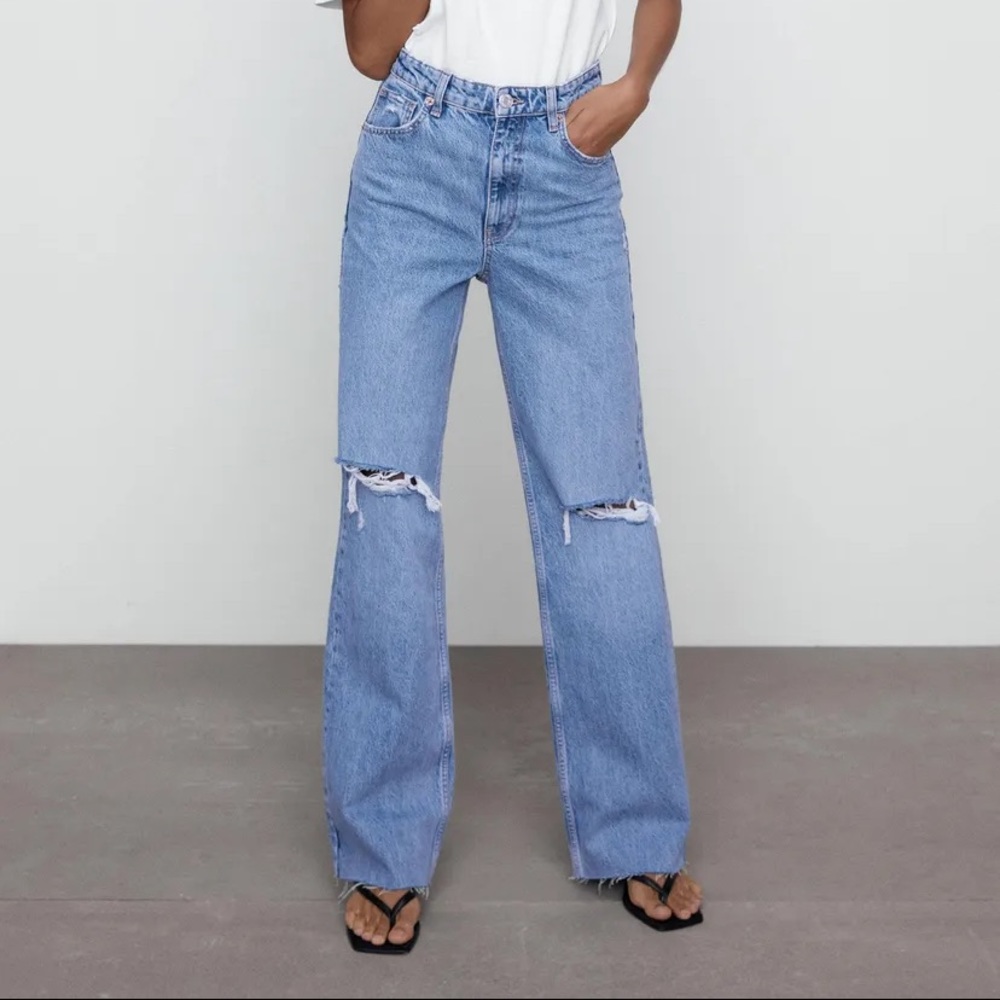 WIDE LEG FULL LENGTH RIPPED JEANS INDIGO ZARA